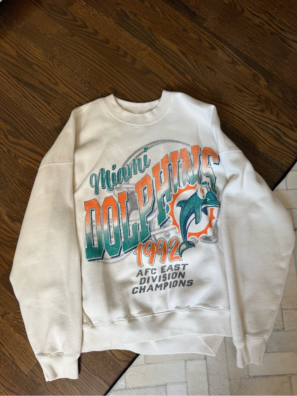 Abercrombie & Fitch White Crewneck with Teal and Orange Miami Dolphins Graphic